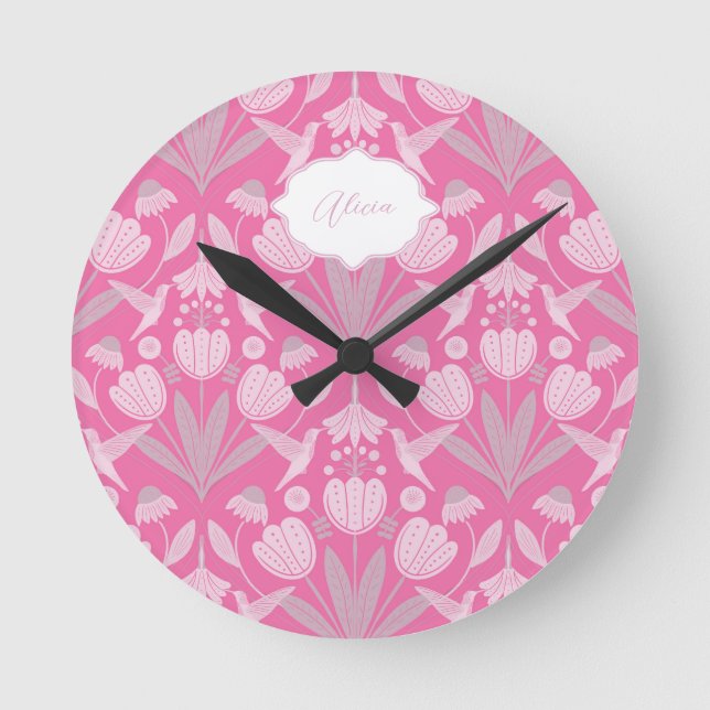Pink Hummingbird Coquette Personalized floral Round Clock (Front)