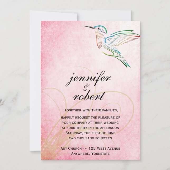 Pink Hummingbird Watercolor Wedding Invitation (Front)