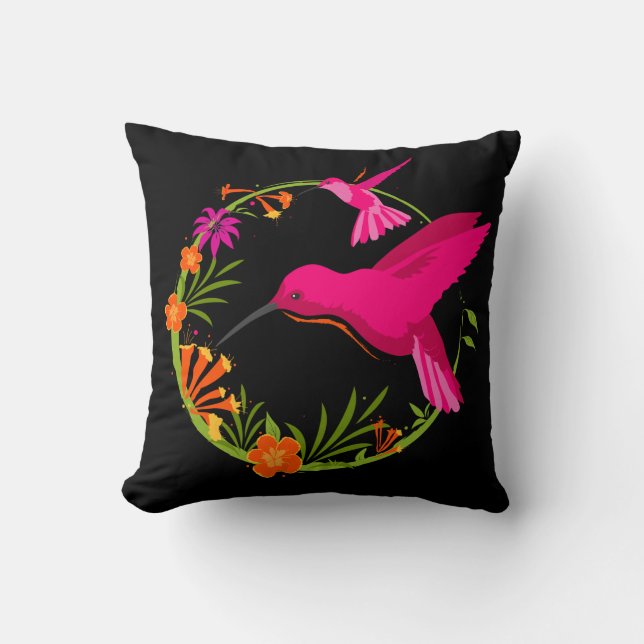 Pink Hummingbirds on Black Tropical Throw Pillow (Front)