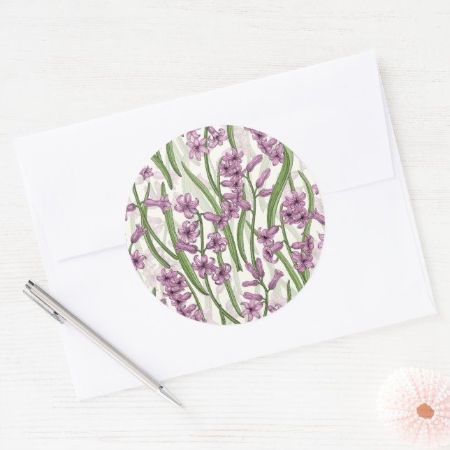 Pink Hyacinth flowers on natural white Classic Round Sticker (Envelope)