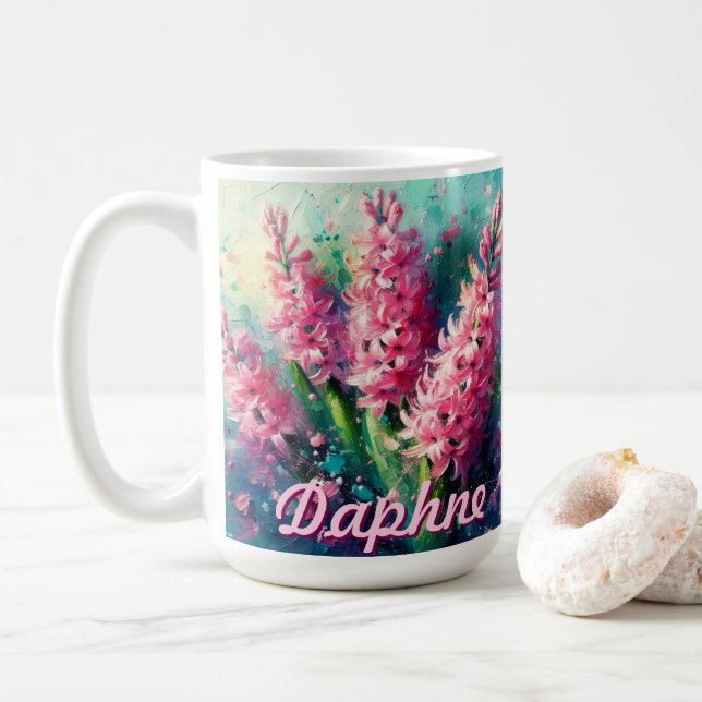 Pink Hyacinths Hyacinth Floral Personalized Coffee Mug (With Donut)