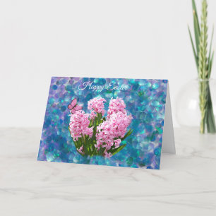 Pink Hyacinths on Blue Mosaic Easter Holiday Card