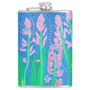 Pink Hyacinths Spring Flowers Floral Art Painting Hip Flask
