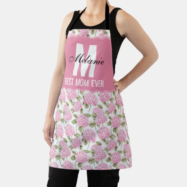  Pink Hydragea Floral Pattern Monogram Best Mom  Apron (Insitu)