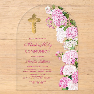 Pink Hydrangea Arch First Communion Acrylic Invitations
