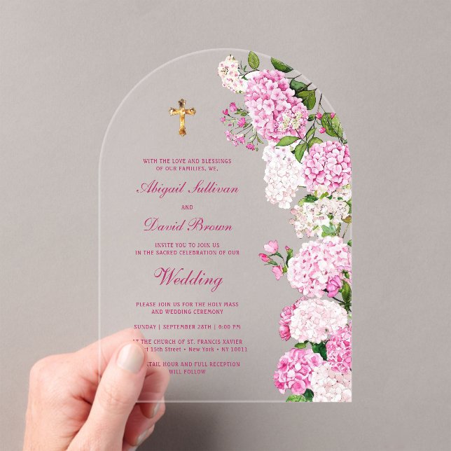 Pink Hydrangea Arch Religious Wedding Acrylic Invitations (Insitu (Handheld))