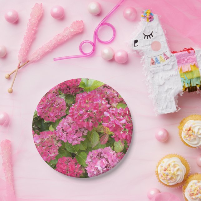Pink Hydrangea Blooms Floral  Paper Plate (Party)