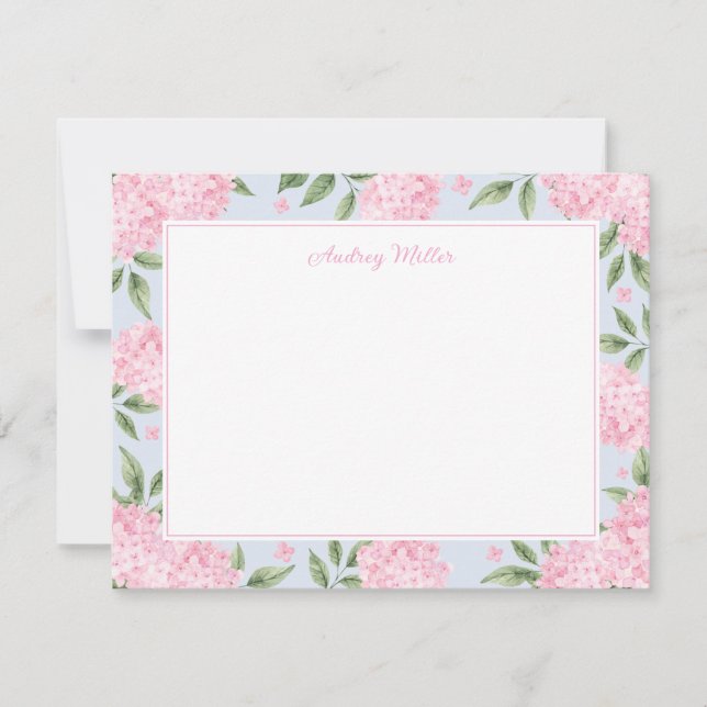 Pink Hydrangea Border Blue Personalized Card (Front)