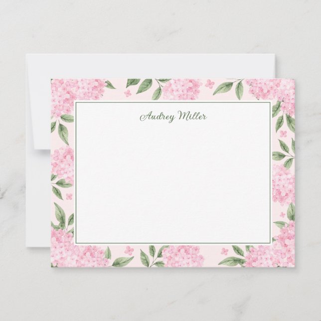 Pink Hydrangea Border Pink Personalized Card (Front)