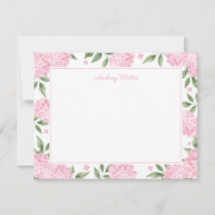 Pink Hydrangea Border White Personalized Card