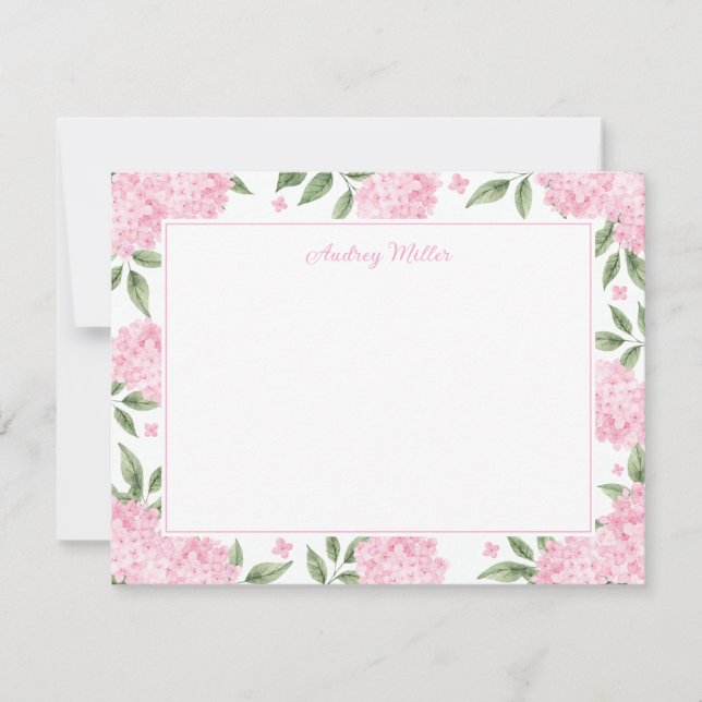 Pink Hydrangea Border White Personalized Card (Front)