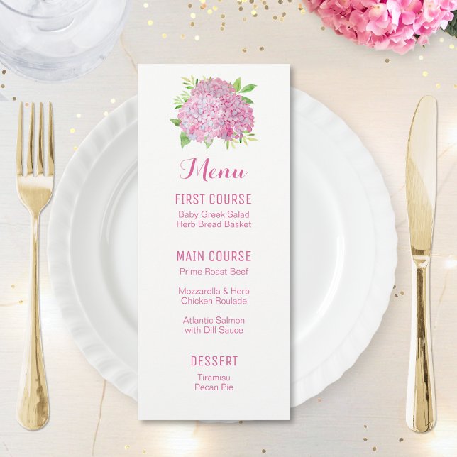 Pink Hydrangea Bouquet Watercolor Menus de fleurs (Créateur téléchargé)
