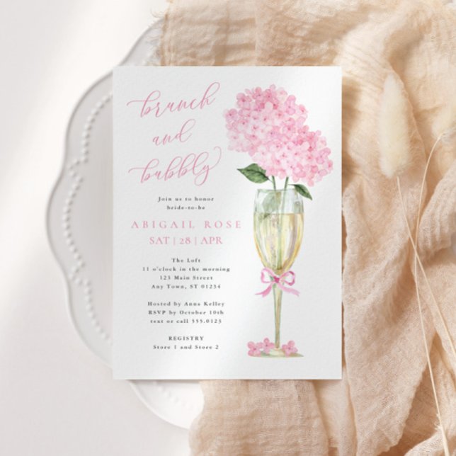 Pink Hydrangea Brunch and Bubbly Gold Champagne Invitation (Creator Uploaded)