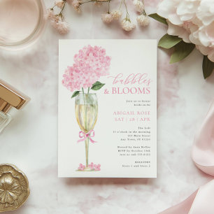 Pink Hydrangea Bubbles and Blooms Champagne Glass Invitation