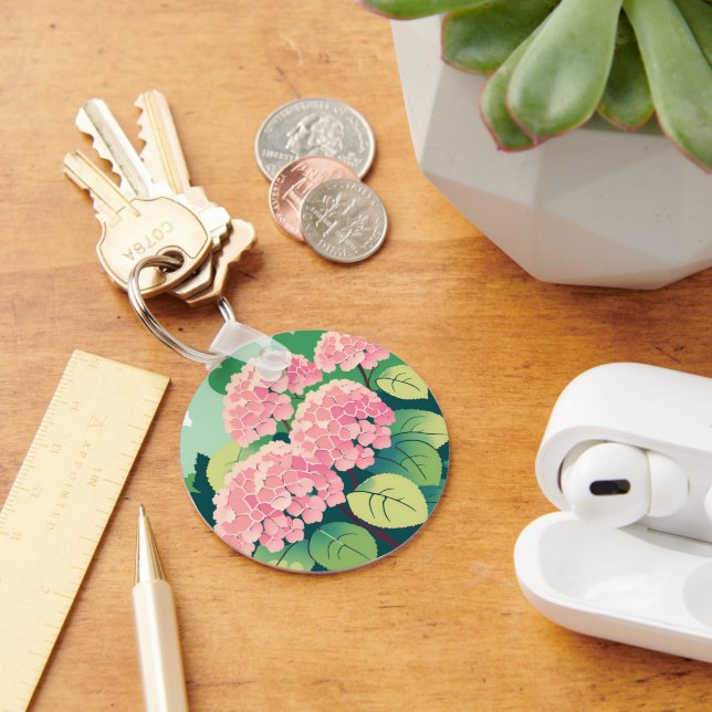 Pink Hydrangea Bush Postcard Keychain (Desk)