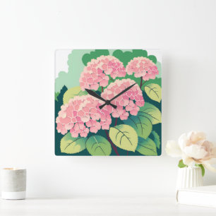 Pink Hydrangea Bush Square Wall Clock