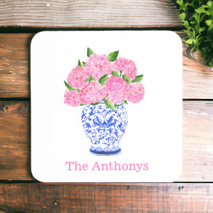 Pink Hydrangea Chinoiserie Personalized Coaster