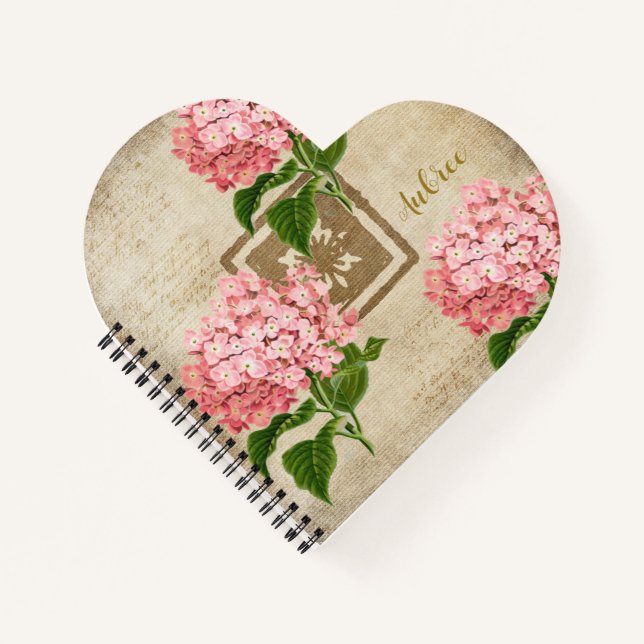 Pink Hydrangea Clusters Heart Shaped Notebook (Front)