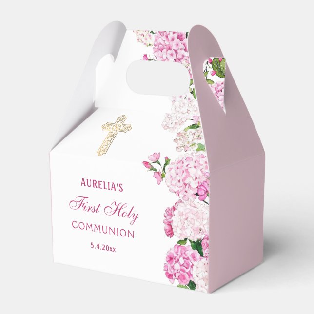 Pink Hydrangea First Communion Gable Favor Box (Front Side)
