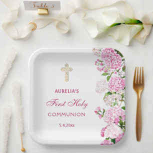 Pink Hydrangea First Communion Paper Plate