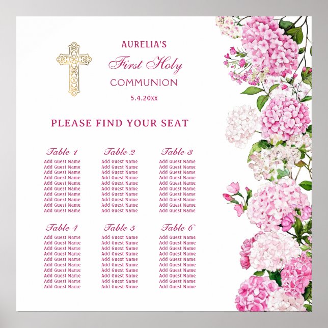 Pink Hydrangea First Communion Seating Chart (Front)