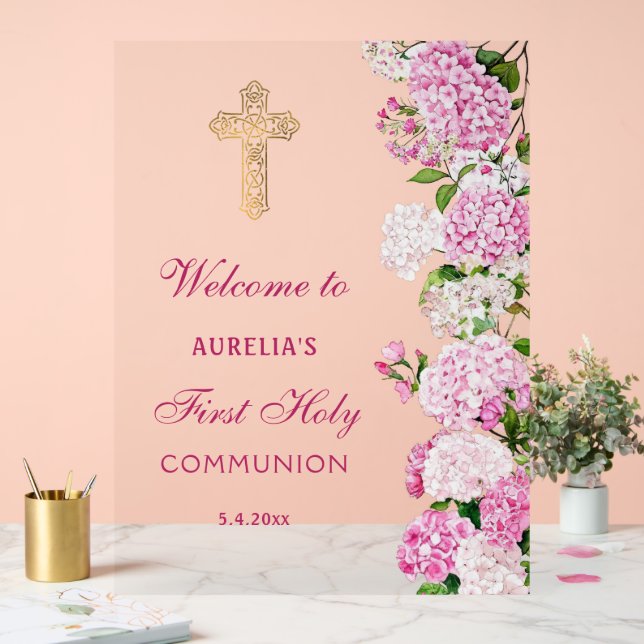 Pink Hydrangea First Communion Welcome Acrylic Sign (Wedding)