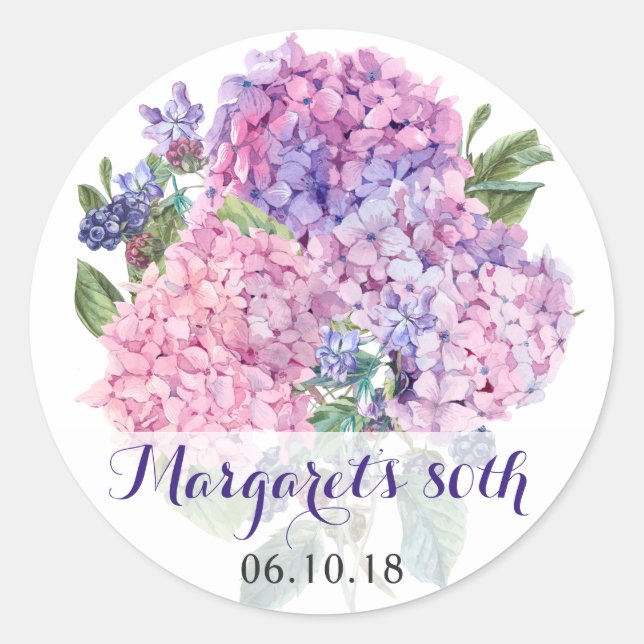 Pink Hydrangea Floral 80th Birthday Classic Round Sticker (Front)