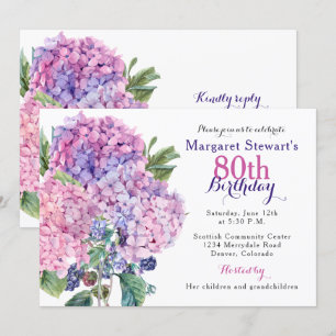 Pink Hydrangea Floral 80th Birthday Invite