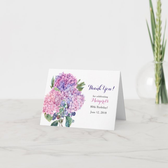 Pink Hydrangea Floral 80th Birthday Thank You (Front)