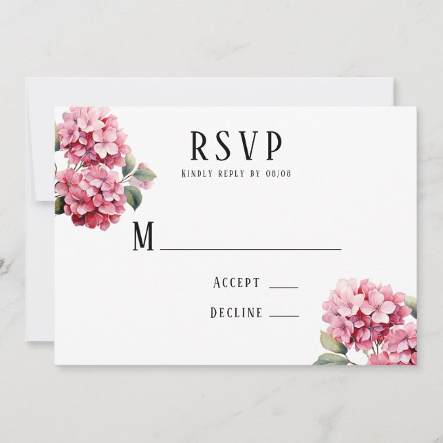 Pink Hydrangea Floral Butterfly Wedding RSVP Cards (Front)