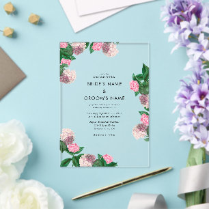 Pink Hydrangea Floral Greenery Modern Wedding Acrylic Invitations