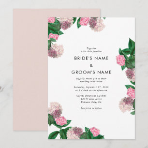 Pink Hydrangea Floral Greenery Modern Wedding Invitation