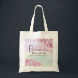 Pink Hydrangea Floral Team Bride Wedding Tote Bag<br><div class="desc">Welcome your bridesmaids with a beautiful personalized pink hydrangea tote bag. Their name is written in a large font. Team Bride, the bride's name and wedding date are below that. The pink hydrangeas are in the upper right and lower left corners. A soft watercolor pattern that features a whisper of...</div>