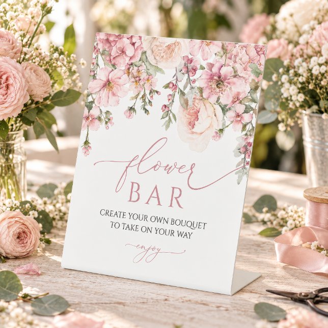 Pink Hydrangea Flower Bar Sign (Pink Hydrangea & Blush Roses Flower Bar Shower Sign, create your own bouquet, pedestal display)