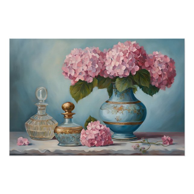 Pink Hydrangea Flowers and Vintage Perfume Bottles Poster (Front)