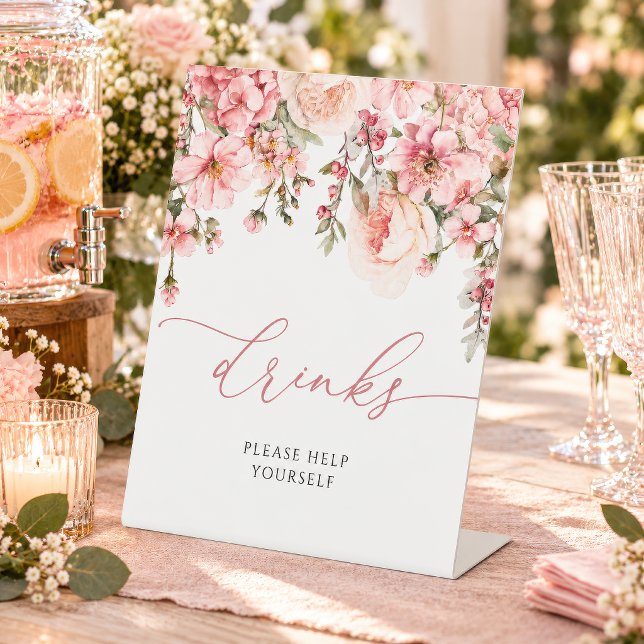 Pink Hydrangea Flowers Shower Drinks Sign (Pink Hydrangea & Blush Roses Drinks Bridal Shower Sign, please help yourself, pedestal display)