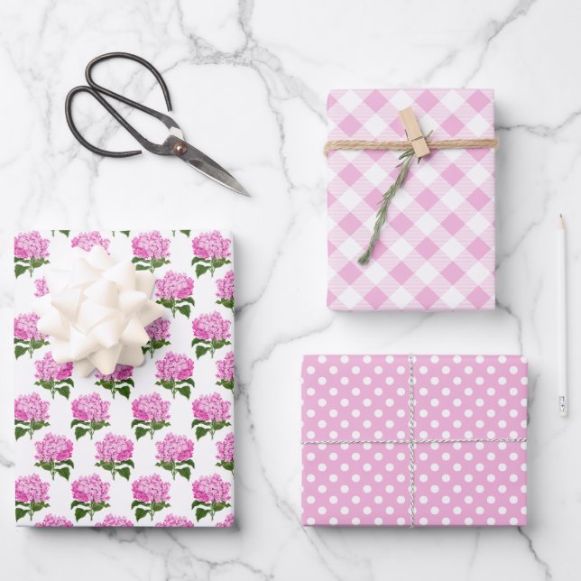 Pink Hydrangea Gingham and Polka Dot Pattern Wrapping Paper Sheet (Front)