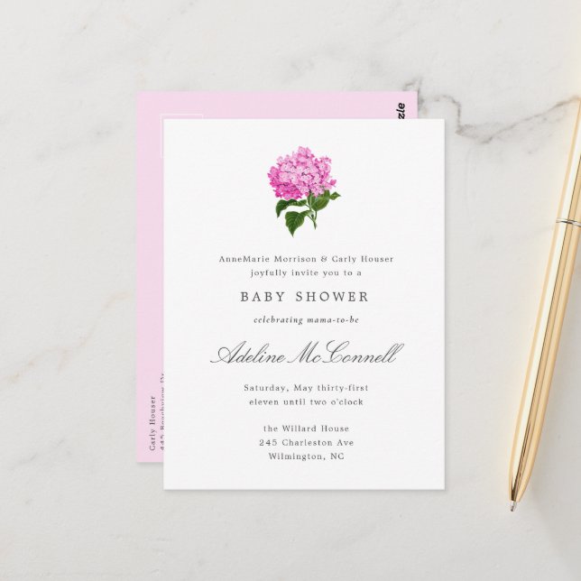 Pink Hydrangea Grandmillennial Baby Shower Postcard (Front/Back In Situ)