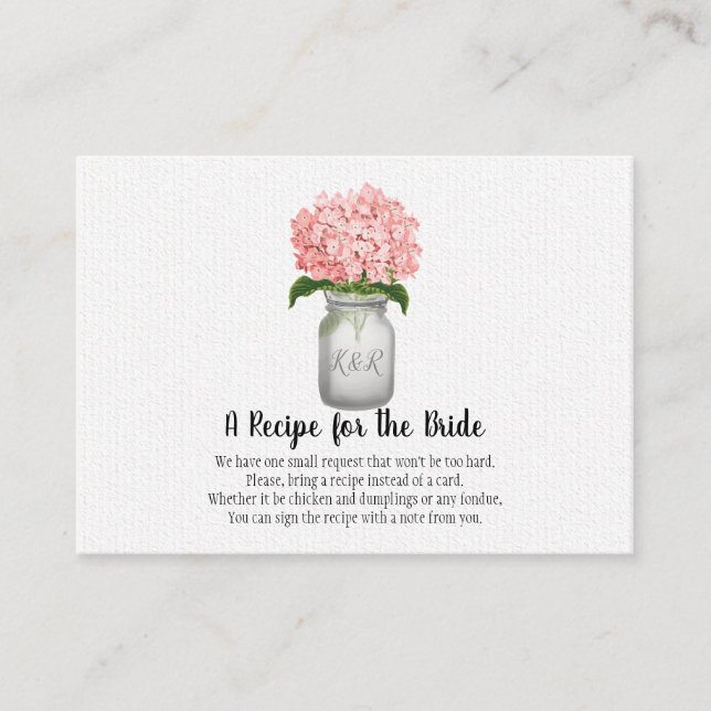 Pink Hydrangea Monogram Mason Jar Recipe Request Business Card (Front)