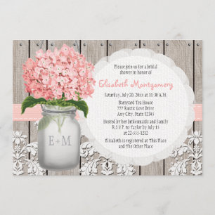 Pink Hydrangea Monogrammed Mason Jar Bridal Shower Invitation
