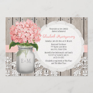 Pink Hydrangea Monogrammed Mason Jar Bridal Shower Invitation