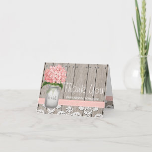 Pink Hydrangea Monogrammed Mason Jar THANK YOU Card