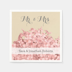 Pink Hydrangea on Khaki Personalized Wedding Napkin