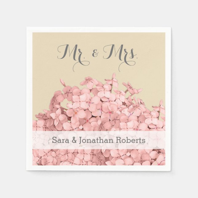 Pink Hydrangea on Khaki Personalized Wedding Napkin (Front)
