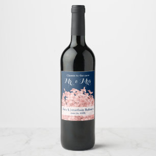 Pink Hydrangea on Navy Blue Personalized Wedding Wine Label