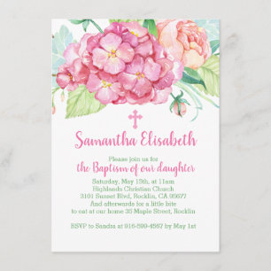 Pink hydrangea & peony Girl Baptism Invitation