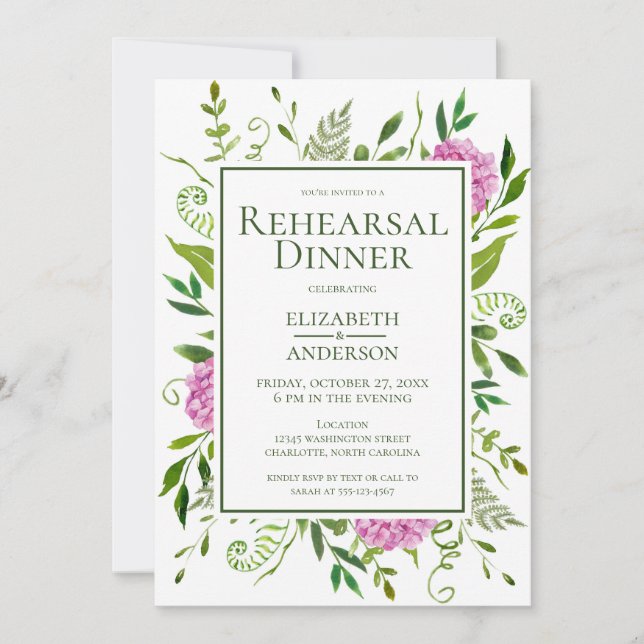 Pink Hydrangea Rehearsal Dinner Invitation (Front)