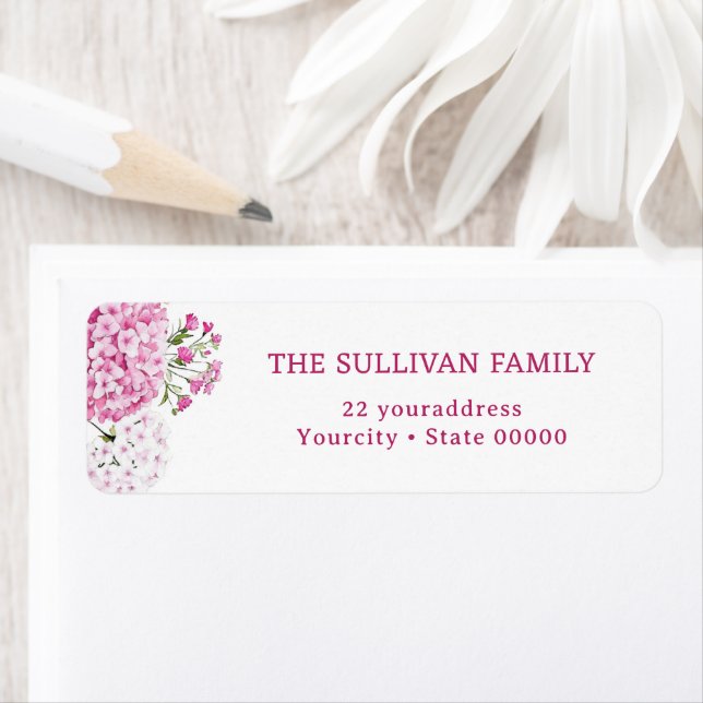 Pink hydrangea return address label (En situation)