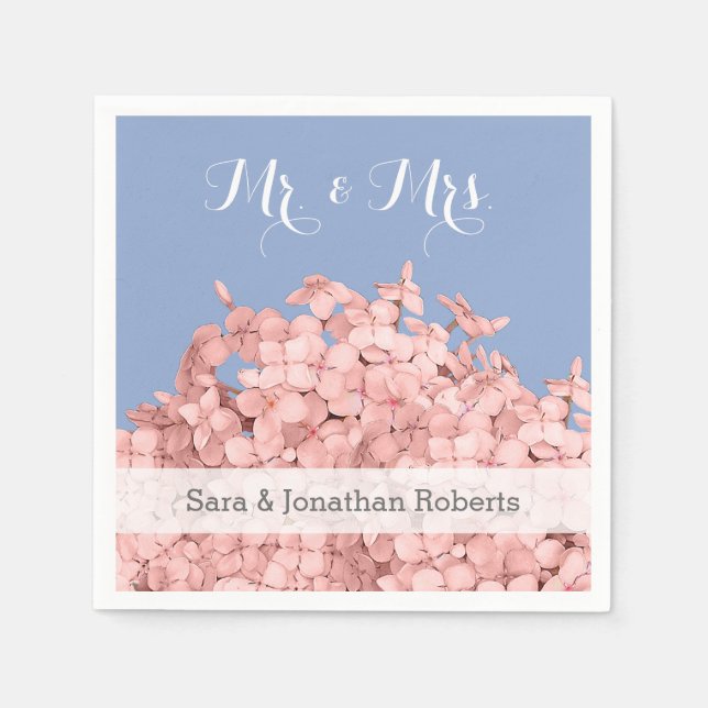 Pink Hydrangea Serenity Blue Personalized Wedding Napkin (Front)