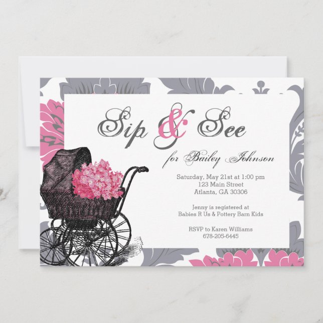 Pink hydrangea Sip and See baby shower invitation (Front)